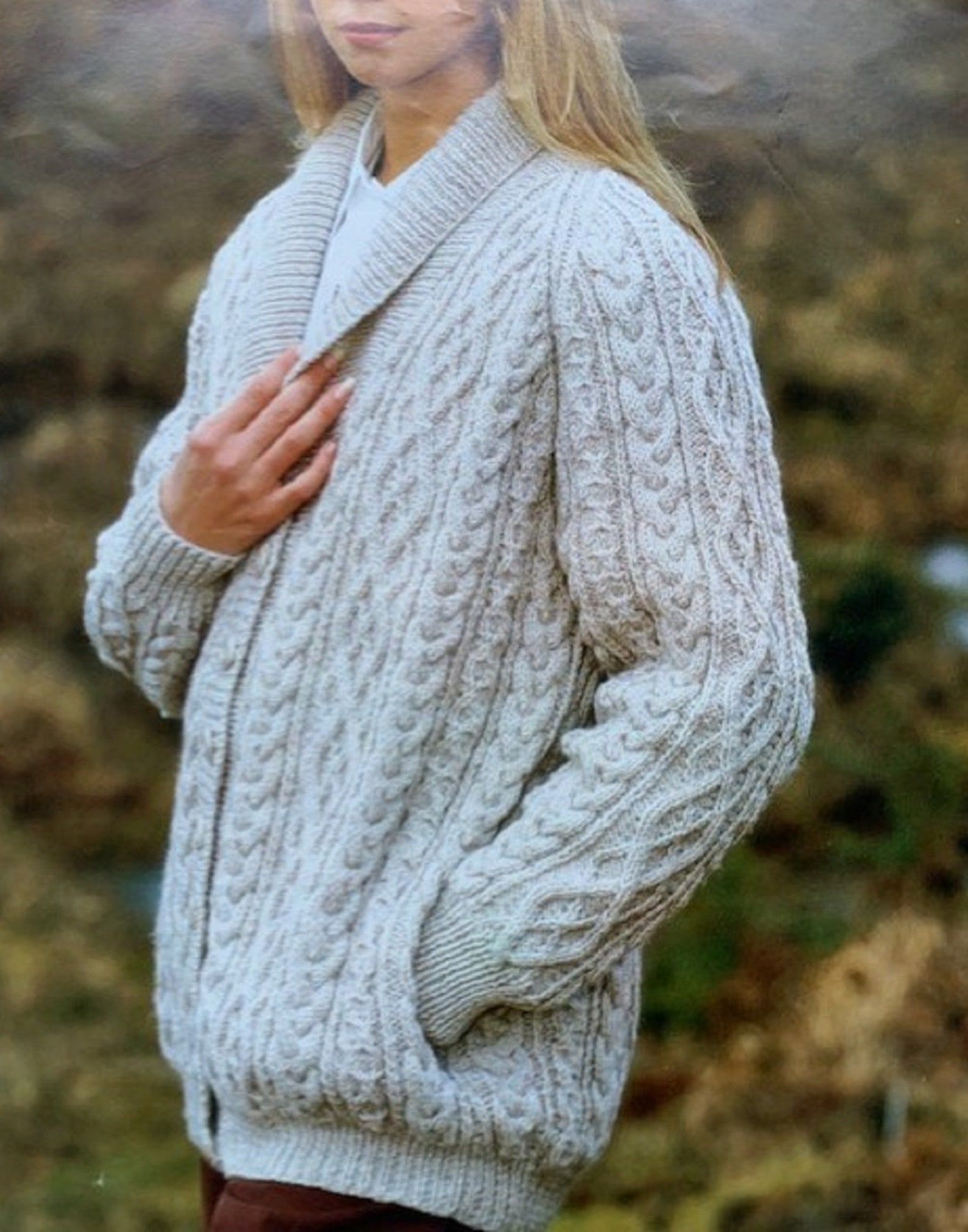 Knitting Pattern Ladies Aran Jacket With Shawl Collar and Side Pockets