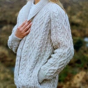 Knitting Pattern Ladies Aran Jacket with Shawl Collar and Side Pockets Size 32-42 inches