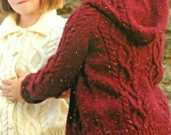 Knitting Pattern Childrens Aran Cardigan Jacket with Hood, Collar or Round Neck Size 20 to 28 inches