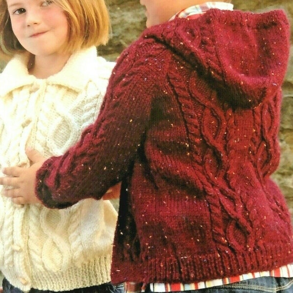 Knitting Pattern Childrens Aran Cardigan Jacket with Hood, Collar or Round Neck Size 20 to 28 inches