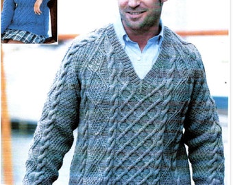 Knitting Pattern Mens or Ladies Raglan Sleeve Aran Sweater Round or V Neck Size 32 to 54 ins downloadable pdf, available in ENGLISH only