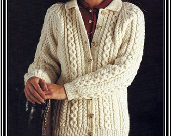 Strickmuster für Damen, traditionelle klassische Aran-Cardigan-Jacke, Größe 32 bis 42 Zoll