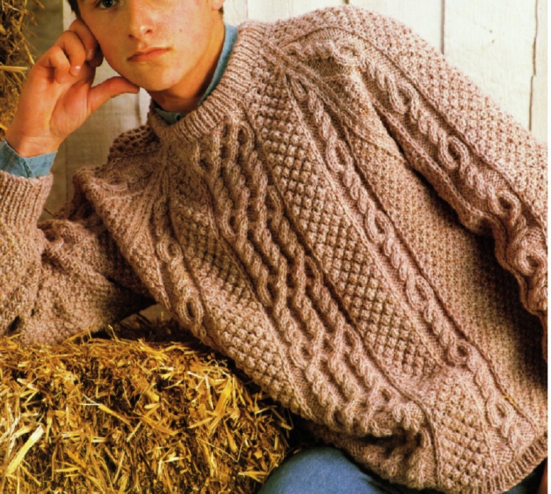 Knitting Pattern Mens Aran Sweater Size 34 to 44 Ins Etsy