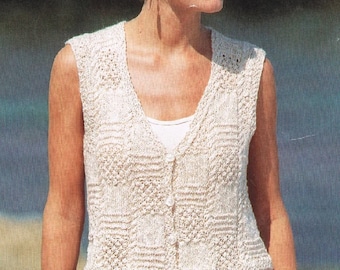 Knitting Pattern Ladies Easy Knit Waistcoat Sleeveless Vest in Cool Cotton DK Size 32 to 40 ins downloadable pdf, available in ENGLISH only