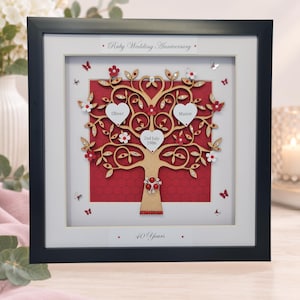 May include: A square black framed wall art piece featuring a laser-cut wooden tree on a red honeycomb background. The tree is decorated with white heart-shaped plaques labelled Oliver, Maisie, and 2nd July 1986, red and white flowers, and crystals.