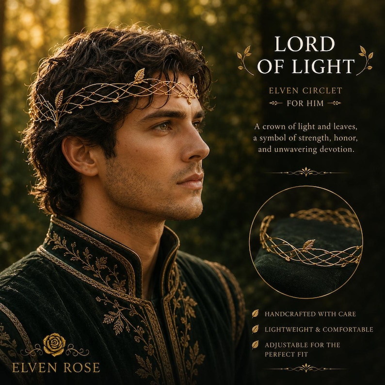 Op de afbeelding: Een goudkleurige metalen diadeem met een ingewikkeld, gevlochten draadontwerp versierd met kleine, delicate bladmotieven. Het hoofddeksel wordt op het voorhoofd gedragen en wordt getoond naast de tekst LORD OF LIGHT ELVEN CIRCLET FOR HIM.