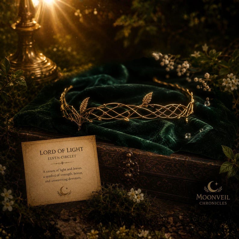 Op de afbeelding: Een goudkleurige metalen diadeem met een ingewikkeld rasterontwerp en delicate bladaccenten. Een rechthoekige kaart bevat de tekst: LORD OF LIGHT ELVEN CIRCLET. A crown of light and leaves, a symbol of strength, honor, and unwavering devotion.