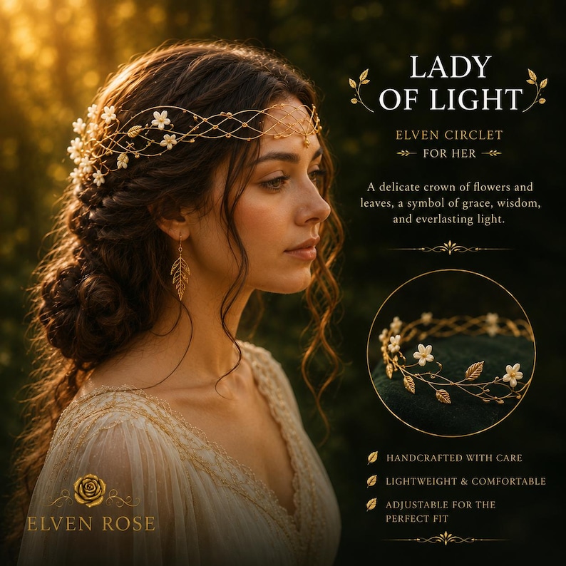 May include: A gold-toned wire circlet featuring small white flowers and metallic leaves. The text reads: LADY OF LIGHT, ELVEN CIRCLET FOR HER, A delicate crown of flowers and leaves, a symbol of grace, wisdom, and everlasting light, HANDCRAFTED WITH CARE, LIGHTWEIGHT & COMFORTABLE, ADJUSTABLE FOR THE PERFECT FIT, ELVEN ROSE.