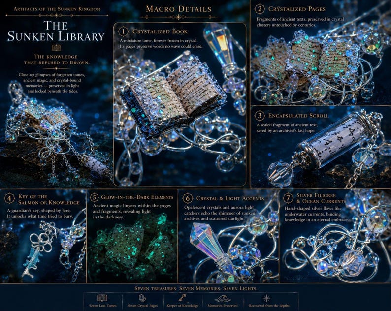 Może przedstawiać: Kolekcja biżuterii zatytułowana The Sunken Library, zawierająca miniaturowe książki, zwoje i klucze ozdobione opalizującymi kryształami, srebrnym filigranem i świecącymi w ciemności elementami. Prezentacja obejmuje siedem makrodetali ukazujących kunsztowne wykonanie, kryształowe akcenty i fragmenty starożytnych tekst&oacute;w.