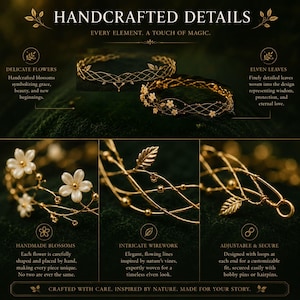 Op de afbeelding: Een goudkleurige draad-hoofdband met kleine witte bloesems en metalen bladeren. Het ontwerp bevat een ingewikkeld geweven rasterpatroon met verstelbare lussen aan elk uiteinde. De tekst op de afbeelding luidt HANDCRAFTED DETAILS.
