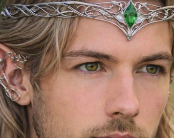 Emerald Elven Crown – Silver Wire Crystal Tiara, Unisex Circlet, Woodland Headpiece