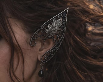 Dunkelelf Ohrmanschetten - schwarze filigrane Eichenblatt Schmuck