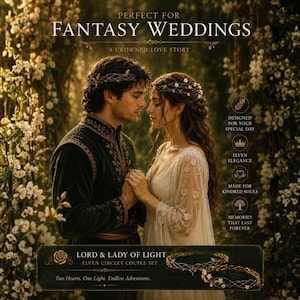 May include: A Lord & Lady of Light elven circlet couple set featuring two gold-toned metal headpieces with delicate wirework and small white floral accents. The set is presented with text including Perfect for Fantasy Weddings and A Crowned Love Story.