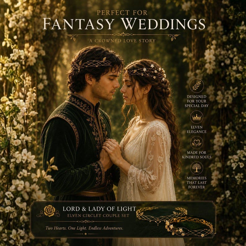 May include: A Lord & Lady of Light elven circlet couple set featuring two gold-toned metal headpieces with delicate wirework and small white floral accents. The set is presented with text including Perfect for Fantasy Weddings and A Crowned Love Story.
