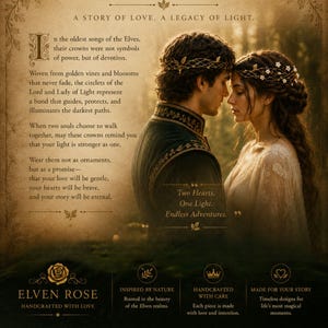 May include: Two people wearing intricate golden vine and blossom crowns. The image includes text: A STORY OF LOVE. A LEGACY OF LIGHT. In the oldest songs of the Elves, their crowns were not symbols of power, but of devotion. Two Hearts. One Light.
