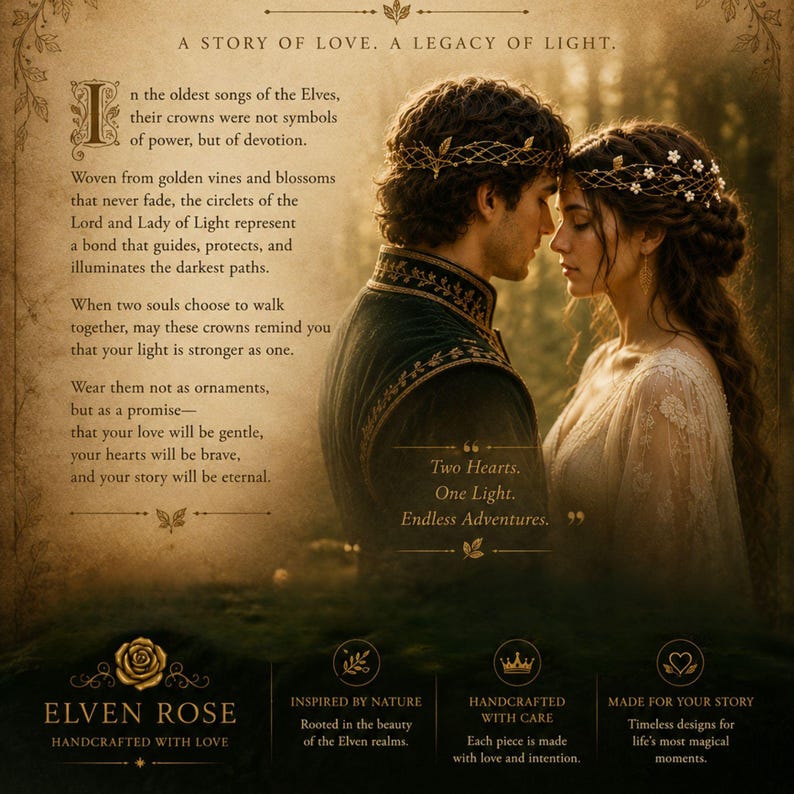 May include: Two people wearing intricate golden vine and blossom crowns. The image includes text: A STORY OF LOVE. A LEGACY OF LIGHT. In the oldest songs of the Elves, their crowns were not symbols of power, but of devotion. Two Hearts. One Light.