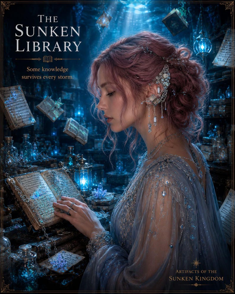 May include: A digital illustration titled The Sunken Library featuring a person with pink hair wearing an intricate silver ear cuff and a blue gown. The person reads an open book amidst floating books, glowing blue crystals, and glass bottles.