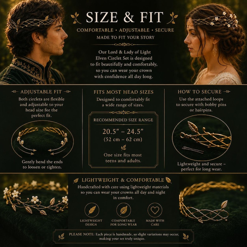 Op de afbeelding: Een goudkleurige elfen-diadeemset met delicate blad- en bloemmotieven. De infographic toont details over maat en pasvorm, inclusief een aanbevolen bereik van 52 cm tot 62 cm, flexibele verstelbare banden en instructies voor het vastzetten van de kronen met haarspelden.