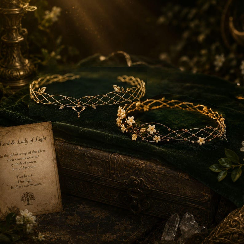 May include: Two gold-toned metal circlets featuring intricate lattice wirework. One circlet is plain with small leaf accents, while the other is adorned with small white flowers. A card with the text Lord & Lady of Light is visible nearby.