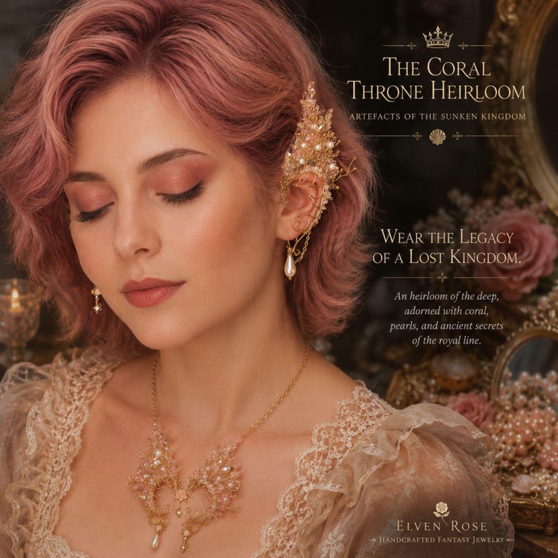 Handgemachte Fantasy Ohrmanschetten, Golddraht, Rosenquarz, Perlen, kein Piercing erforderlich Bild 1