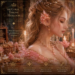 K&ouml;nnte beinhalten: Ein komplexer Ohrschmuck mit korallenartigen rosa Zweigen, kleinen wei&szlig;en Perlen und goldfarbenen Drahtdetails. Der Text lautet: The Coral Throne Heirloom, Artefacts of the Sunken Kingdom, Wear the legacy of a forgotten kingdom, Royal Elegance, Handcrafted Magic, Lightweight & Secure, A Story You Wear, The Coral Throne Key unlocks the magic.