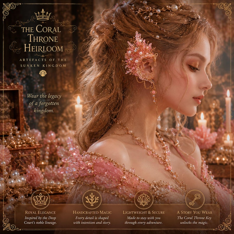 K&ouml;nnte beinhalten: Ein komplexer Ohrschmuck mit korallenartigen rosa Zweigen, kleinen wei&szlig;en Perlen und goldfarbenen Drahtdetails. Der Text lautet: The Coral Throne Heirloom, Artefacts of the Sunken Kingdom, Wear the legacy of a forgotten kingdom, Royal Elegance, Handcrafted Magic, Lightweight & Secure, A Story You Wear, The Coral Throne Key unlocks the magic.