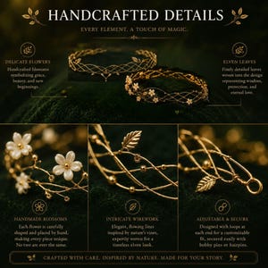 Pu&ograve; includere: Un copricapo in filo dorato con piccoli fiori bianchi e foglie metalliche. Il design presenta un intricato motivo a reticolo intrecciato con anelli regolabili su ciascuna estremit&agrave;. Il testo sull'immagine recita HANDCRAFTED DETAILS.