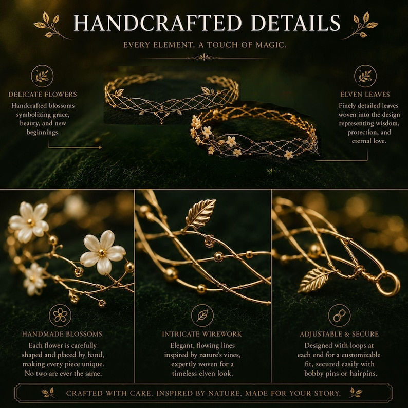 Pu&ograve; includere: Un copricapo in filo dorato con piccoli fiori bianchi e foglie metalliche. Il design presenta un intricato motivo a reticolo intrecciato con anelli regolabili su ciascuna estremit&agrave;. Il testo sull'immagine recita HANDCRAFTED DETAILS.
