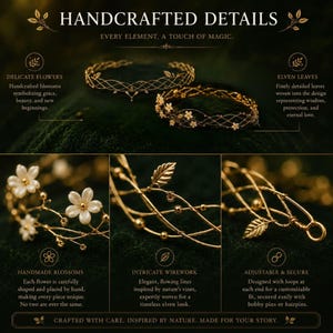 May include: Two gold-toned wire headpieces featuring delicate white flower blossoms and metallic leaf accents. The intricate wirework forms a lattice pattern with small beads, and each end of the headpiece includes a circular loop for secure attachment.