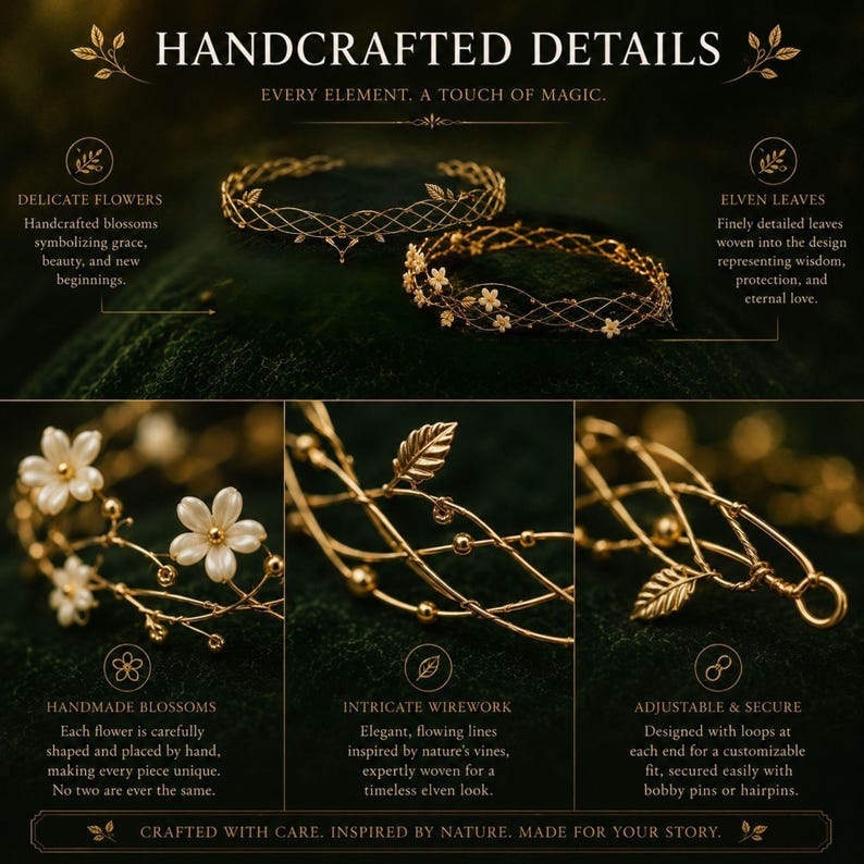 May include: Two gold-toned wire headpieces featuring delicate white flower blossoms and metallic leaf accents. The intricate wirework forms a lattice pattern with small beads, and each end of the headpiece includes a circular loop for secure attachment.
