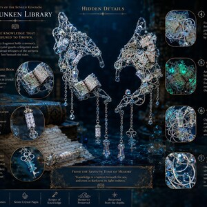 Może przedstawiać: Para misternych srebrnych nausznik&oacute;w zatytułowanych The Sunken Library, ozdobionych zminiaturyzowanymi skrystalizowanymi księgami, zamkniętymi zwojami i kluczami. Projekt zawiera opalizujące kryształy, świecące w ciemności elementy i wiszące zawieszki, przedstawione ze szczeg&oacute;łowymi etykietami wyjaśniającymi artefakty zatopionego kr&oacute;lestwa.