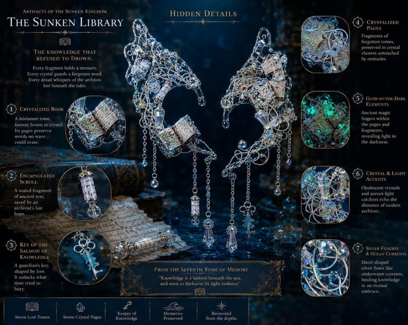 Może przedstawiać: Para misternych srebrnych nausznik&oacute;w zatytułowanych The Sunken Library, ozdobionych zminiaturyzowanymi skrystalizowanymi księgami, zamkniętymi zwojami i kluczami. Projekt zawiera opalizujące kryształy, świecące w ciemności elementy i wiszące zawieszki, przedstawione ze szczeg&oacute;łowymi etykietami wyjaśniającymi artefakty zatopionego kr&oacute;lestwa.