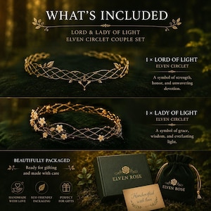 May include: A Lord and Lady of Light elven circlet couple set featuring two gold-toned metal headpieces. One circlet has a lattice design with leaf accents, while the other features small white flowers. Includes a dark green box and velvet pouch.