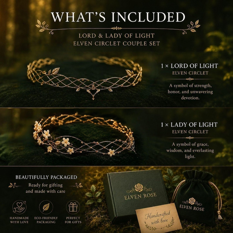 May include: A Lord and Lady of Light elven circlet couple set featuring two gold-toned metal headpieces. One circlet has a lattice design with leaf accents, while the other features small white flowers. Includes a dark green box and velvet pouch.