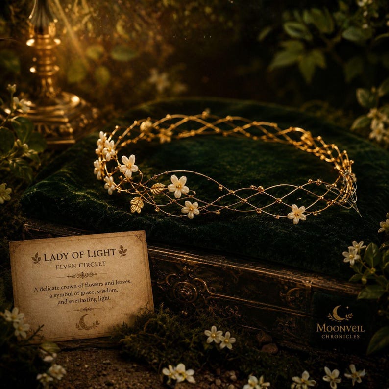 Pu&ograve; includere: Un diadema in filo dorato con piccoli fiori bianchi e foglie in un motivo a reticolo. Una carta rettangolare riporta il testo: LADY OF LIGHT ELVEN CIRCLET. Una delicata corona di fiori e foglie, simbolo di grazia, saggezza e luce eterna.