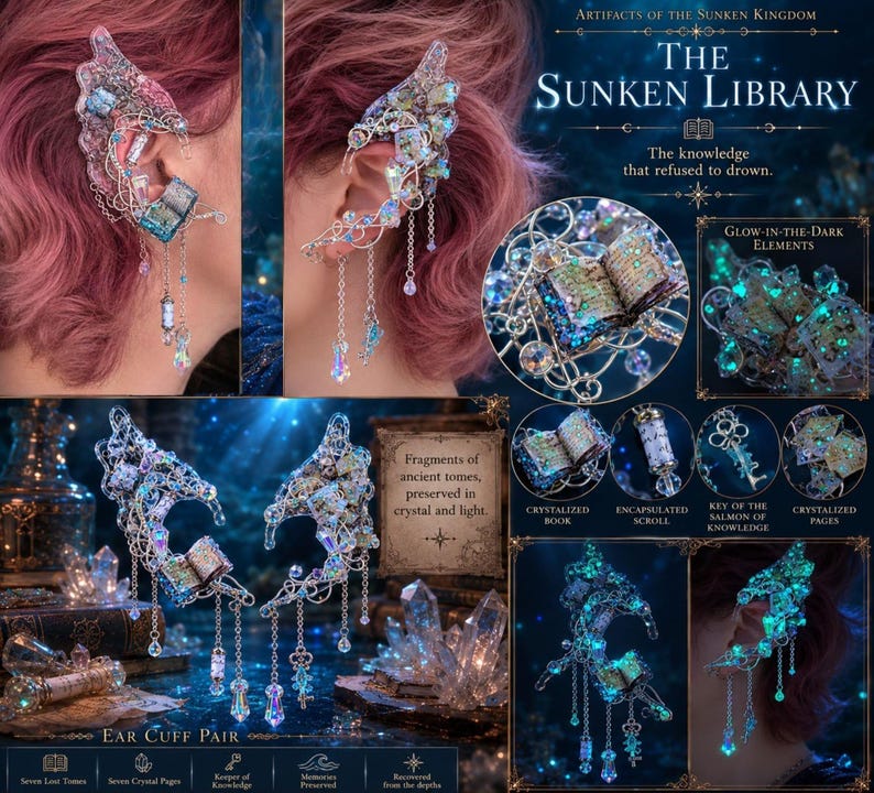May include: An ear cuff pair titled The Sunken Library, featuring intricate silver wirework, iridescent crystal accents, and miniature book charms. The design includes dangling chains, glow-in-the-dark elements, and text reading Artifacts of the Sunken Kingdom.