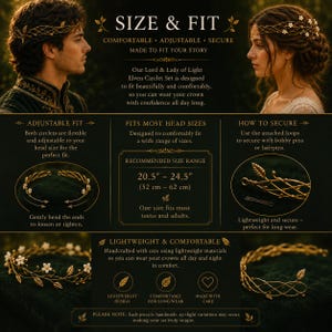 May include: A gold-toned elven circlet set featuring delicate leaf and flower motifs. The infographic displays size and fit details, including a recommended size range of 20.5 inches to 24.5 inches, adjustable flexible bands, and instructions for securing the crowns with bobby pins.