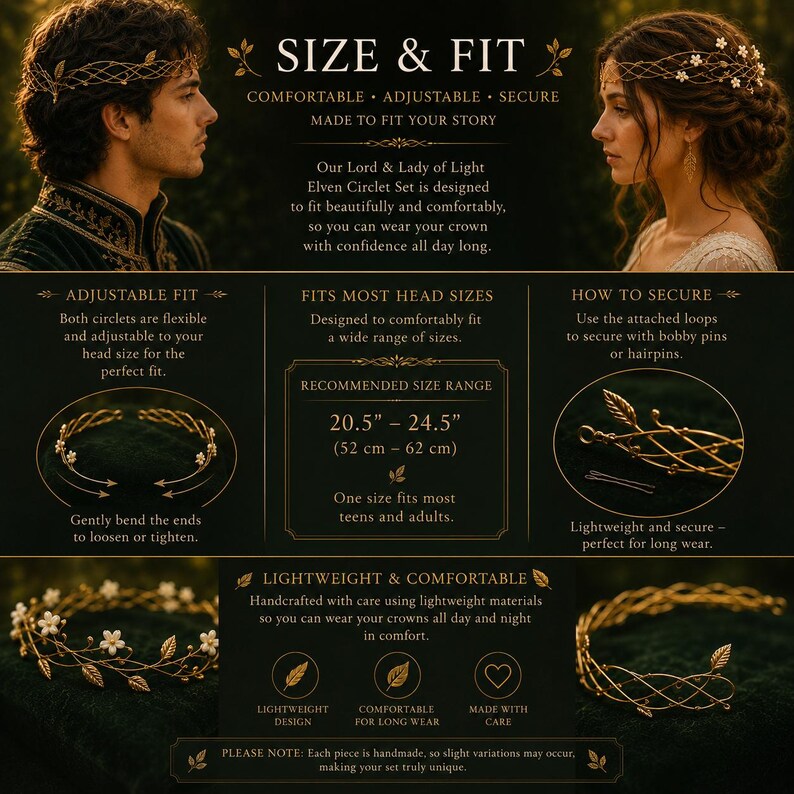 May include: A gold-toned elven circlet set featuring delicate leaf and flower motifs. The infographic displays size and fit details, including a recommended size range of 20.5 inches to 24.5 inches, adjustable flexible bands, and instructions for securing the crowns with bobby pins.