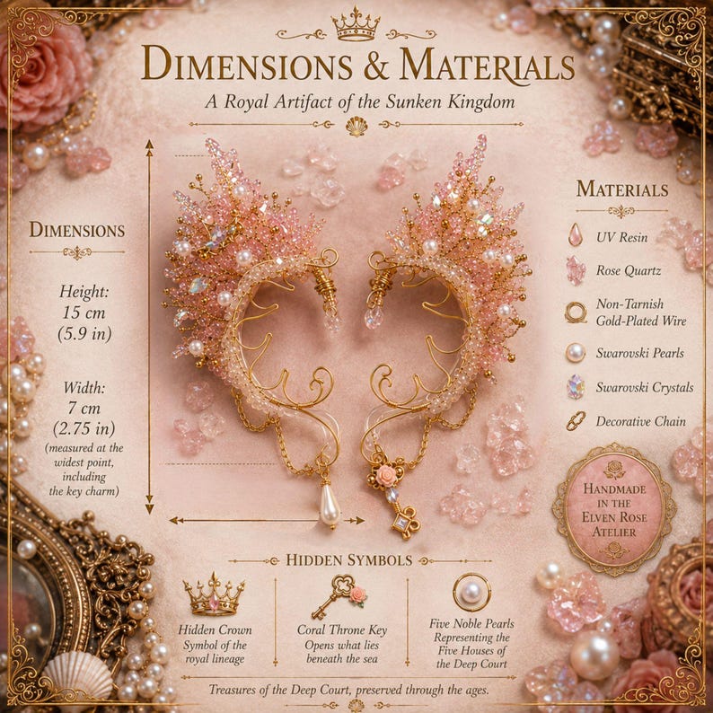 K&ouml;nnte beinhalten: Ein Paar Ohrklemmen aus goldfarbenem Draht, verziert mit Rosenquarz, Swarovski-Perlen und Kristallen. Die Ohrklemmen sind 15 cm hoch und 7 cm breit. Sie verf&uuml;gen &uuml;ber filigrane Details, h&auml;ngende Anh&auml;nger und ein schl&uuml;sself&ouml;rmiges Element.