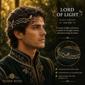 May include: A gold-toned metal circlet featuring an intricate, woven wire design adorned with small, delicate leaf motifs. The headpiece is worn across the forehead and is displayed alongside text reading LORD OF LIGHT ELVEN CIRCLET FOR HIM.