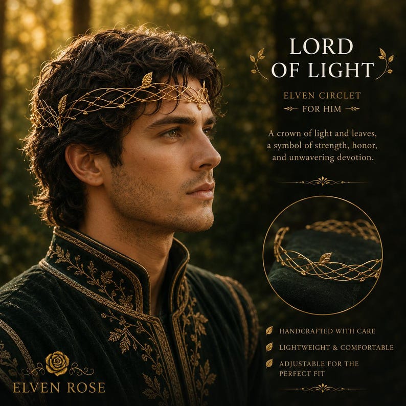 May include: A gold-toned metal circlet featuring an intricate, woven wire design adorned with small, delicate leaf motifs. The headpiece is worn across the forehead and is displayed alongside text reading LORD OF LIGHT ELVEN CIRCLET FOR HIM.