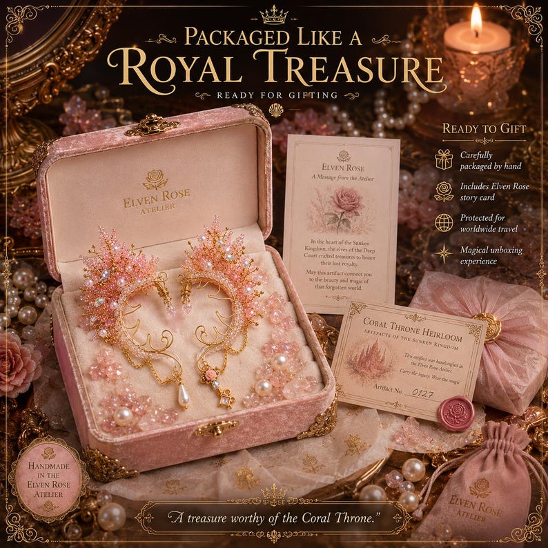 Handgemachte Fantasy Ohrmanschetten, Golddraht, Rosenquarz, Perlen, kein Piercing erforderlich Bild 8