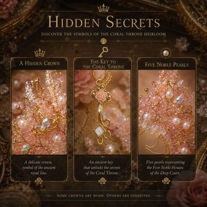 K&ouml;nnte beinhalten: Eine dekorative Tafel mit dem Titel Hidden Secrets und drei Abschnitten. Der erste zeigt eine perlenbesetzte Krone, der zweite einen goldenen Schl&uuml;sselanh&auml;nger mit einer rosa Rose und der dritte eine perlenbesetzte Struktur mit f&uuml;nf Perlen. Text umfasst A Hidden Crown, The Key to the Coral Throne und Five Noble Pearls.