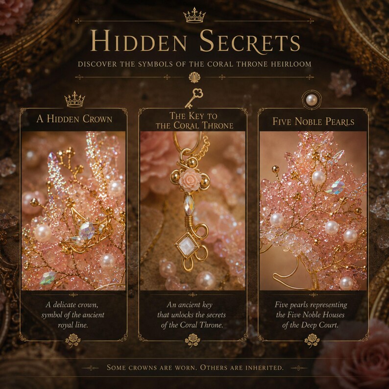 K&ouml;nnte beinhalten: Eine dekorative Tafel mit dem Titel Hidden Secrets und drei Abschnitten. Der erste zeigt eine perlenbesetzte Krone, der zweite einen goldenen Schl&uuml;sselanh&auml;nger mit einer rosa Rose und der dritte eine perlenbesetzte Struktur mit f&uuml;nf Perlen. Text umfasst A Hidden Crown, The Key to the Coral Throne und Five Noble Pearls.