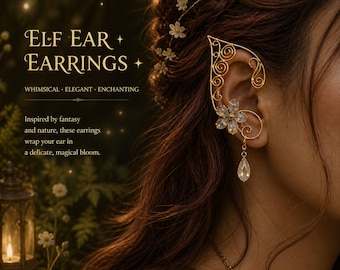 Gold Elf Ohr Manschette, Kristall Blumen Elfen Ohren, Fantasy Wald Schmuck