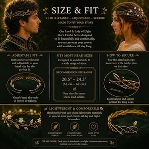 Pu&ograve; includere: Un set di diademi elfici dorati con delicati motivi a foglie e fiori. L'infografica mostra i dettagli su dimensioni e vestibilit&agrave;, inclusa una gamma consigliata da 52 cm a 62 cm, fasce flessibili regolabili e istruzioni per fissare le corone con forcine.
