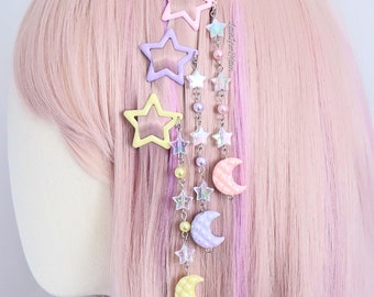 Kawaii Moon Hair Clips with Iridescent Star Beads Available in Pastel Pink, Purple or Yellow | Jfashion, Decora Kei, Fairy Kei, Yume Kawaii