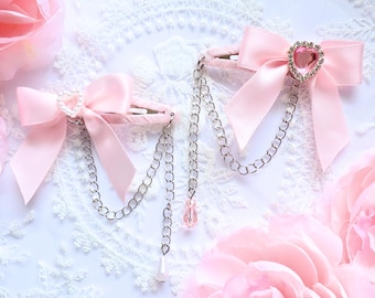 Hime Gyaru Kawaii Mini Hair Bow Clips with Heart Embellishiments (set of 2) | Himekaji, Jirai Kei, Sweet Lolita