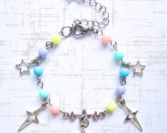 Decora Kei Stars and Sparkles Pastel Rainbow Bracelet | Cutecore, Yume Kawaii, Fairy Kei