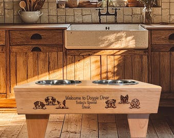 Custom Engraved Dog Bowl Stand: Elevated Wood Pet Feeder